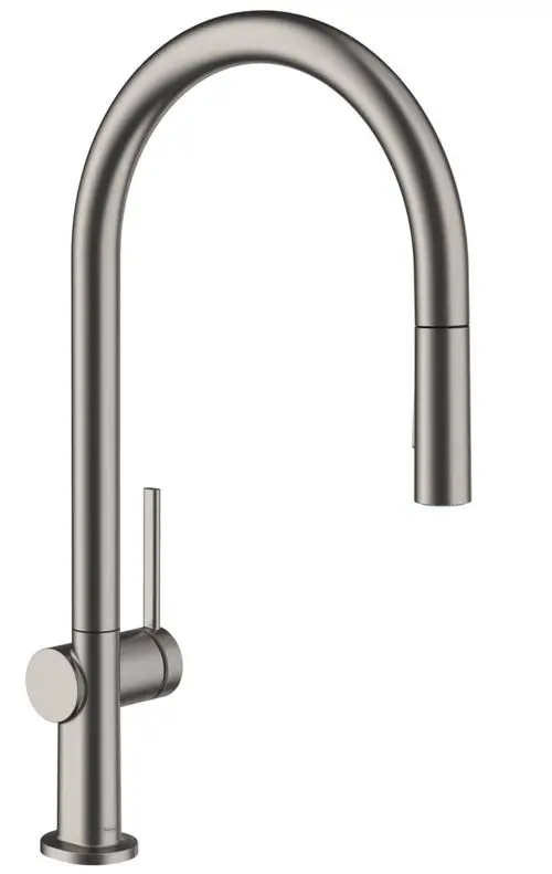Ein moderner Küchenmischer von Hansgrohe mit hohem, gebogenem Auslauf und einer integrierten Ausziehbrause mit zwei Strahlarten, in Brushed Black Chrome.